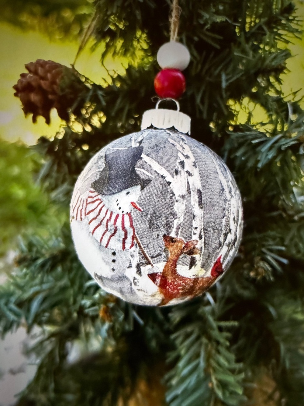 Snowman and Deer Christmas Ornament, Handmade Toile Decoupage